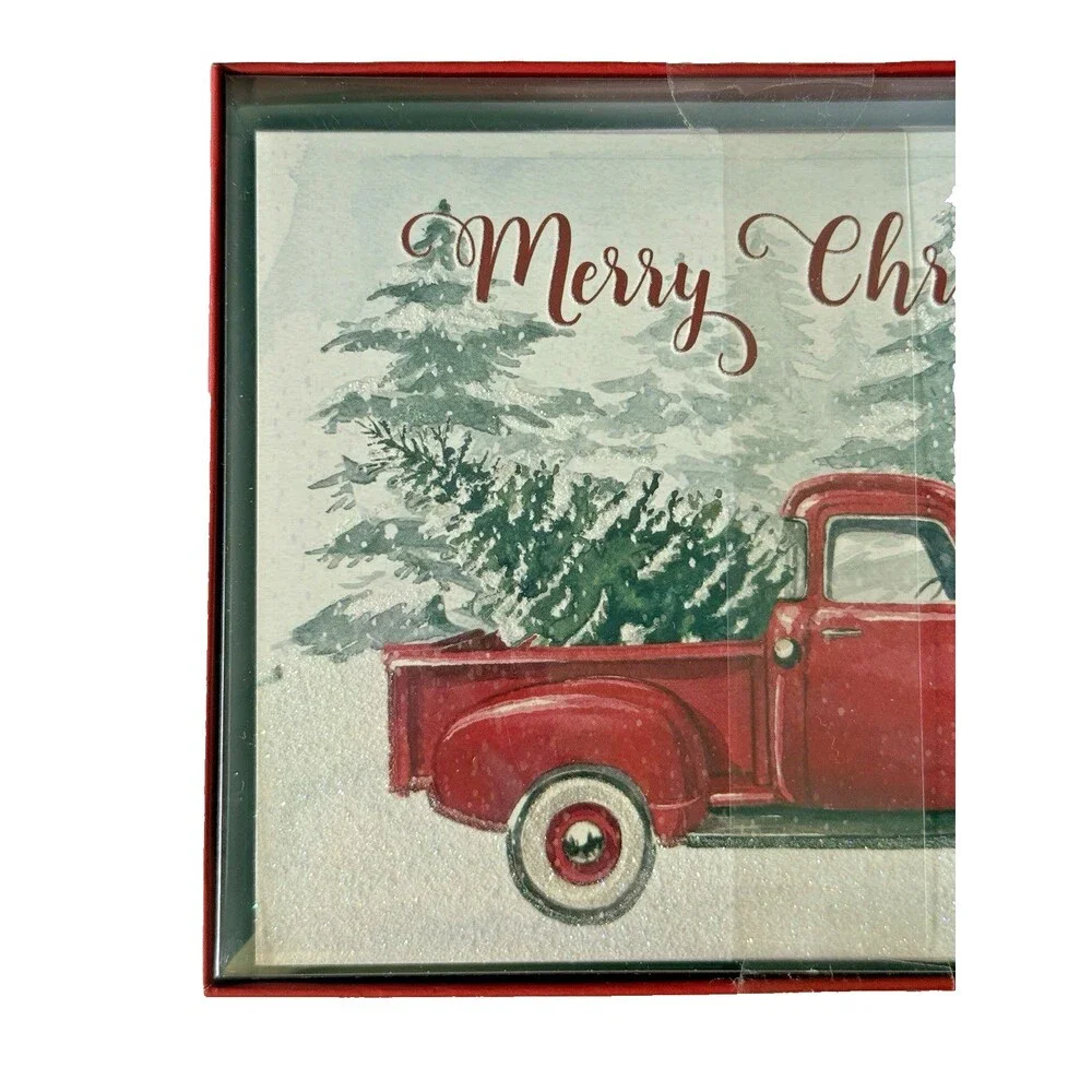 Punch Studio Christmas Cards Box Of 15 Red Farm Truck Christmas Tree Embellished